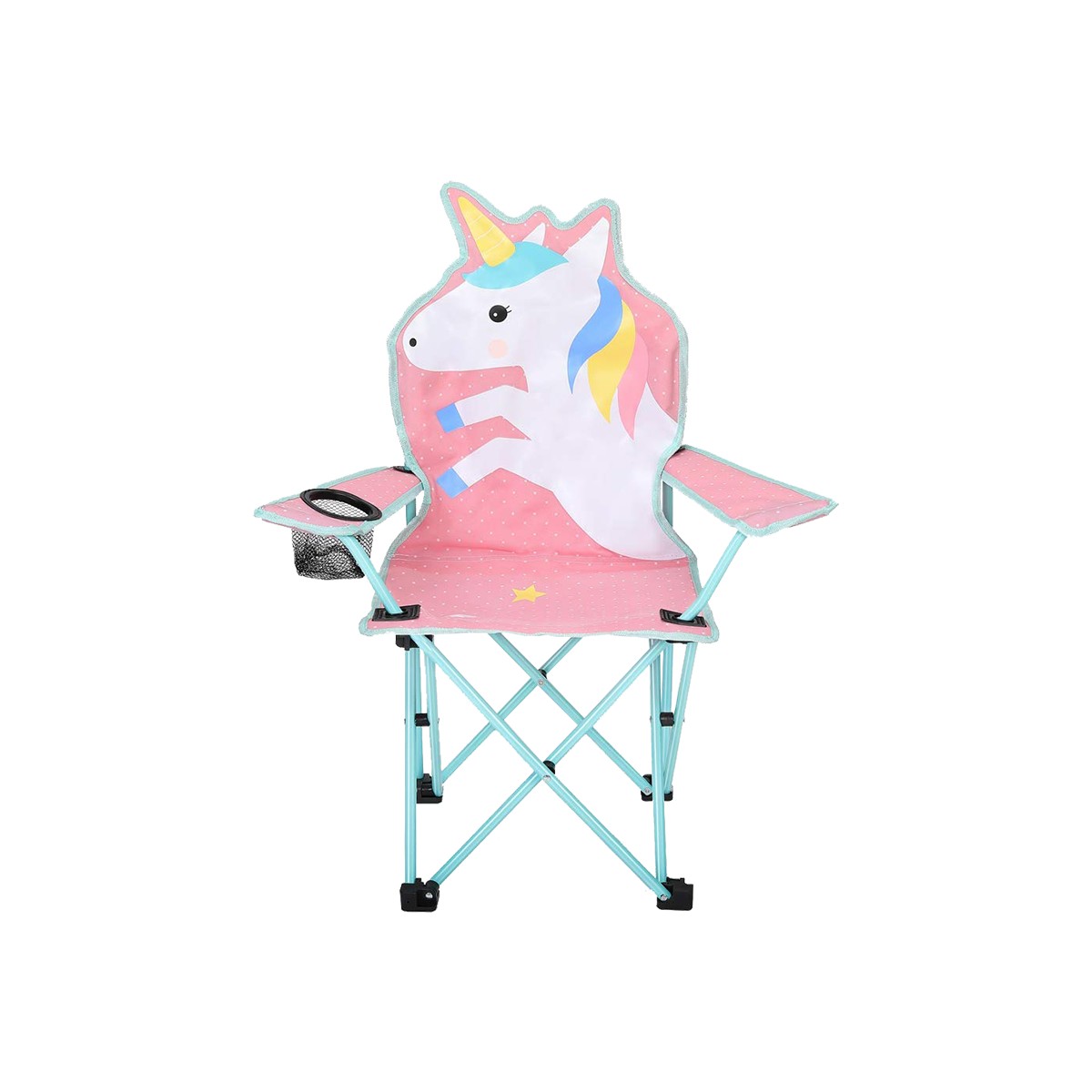 10369959559218.jpg Caribbo Unicorn Şekilli Çocuk Kamp Sandalyesi - %100 Polyester, Su Geçirmez, Taşıma Çantalı, Bardak Bölmeli, Pembe