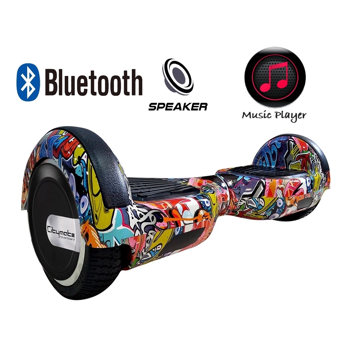 110000663159946.jpg Citymate Elektrikli Kaykay Hoverboard Bluetooth Hoparlörlü 6.5 Inch Akıllı Dengeli - Gökkuşağı Grafiti Desenli