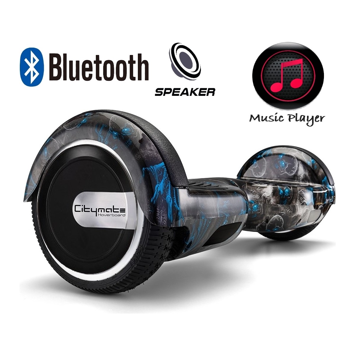 110000663184226.jpg Citymate Elektrikli Kaykay Hoverboard Bluetooth Hoparlörlü 6.5 Inch Akıllı Dengeli - Siyah Kurukafa Grafiti Desenli