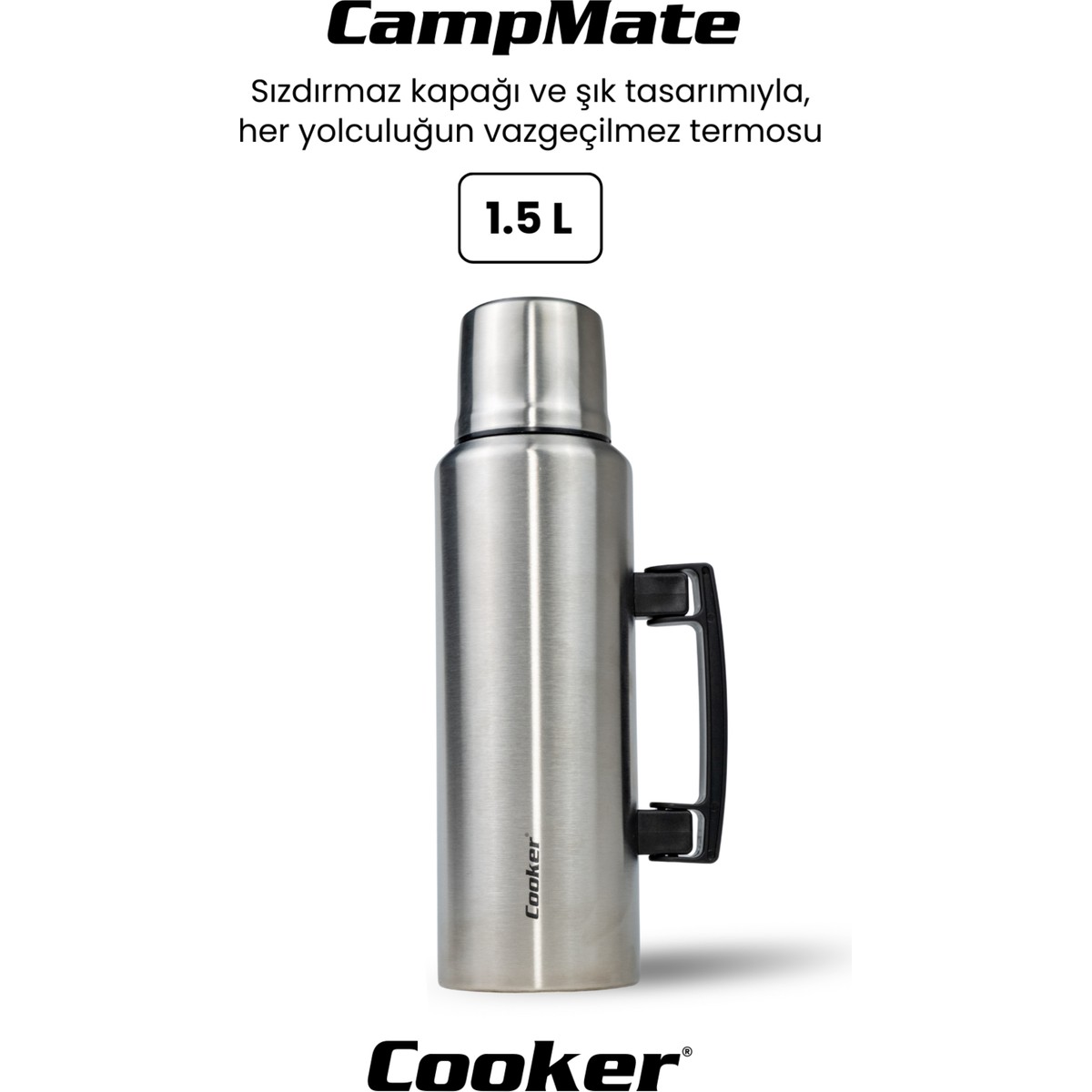 Cooker CKR2084 Campmate 1.5 L Paslanmaz Çelik Termos – Çift Kat Vakumlu, Sızdırmaz Kapaklı, 24 Saat Sıcak & 48 Saat Soğuk Koruma Gümüş