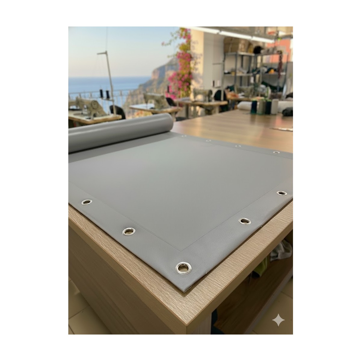 110001381889690.jpg Branda Noktası 650 Gr/m² Profesyonel Kapsüllü Gri Polyester Branda – Su ve Uv Geçirmez - Balkon, Garaj, Bahçe
