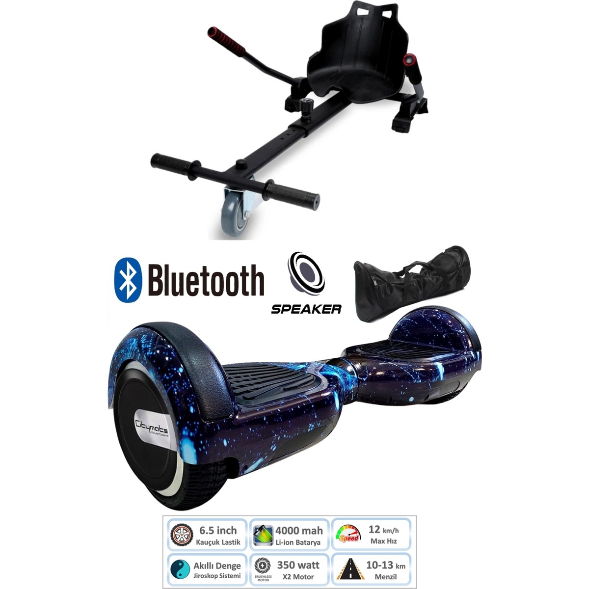 110001471761096.jpg Citymate Elektrikli Kaykay Scooter Hoverboard Akıllı Dengeli + Hover Kart + Çanta Full Paket