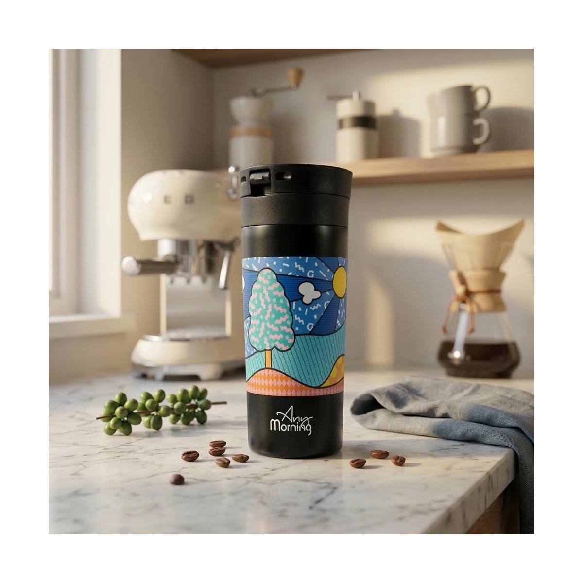 Any Morning 380 ml Paslanmaz Çelik Termos Mug, Çift Katmanlı, Sızdırmaz Kapaklı, Siyah BA21522