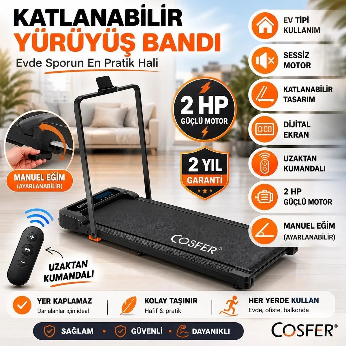 110001760443221.jpg Cosfer 2 Hp Yürüyüş ve Koşu Bandı Katlanabilen 1-12 Km Hız Kumandalı Eğim Özellikli 130 Kilo Taşıma Kapasiteli