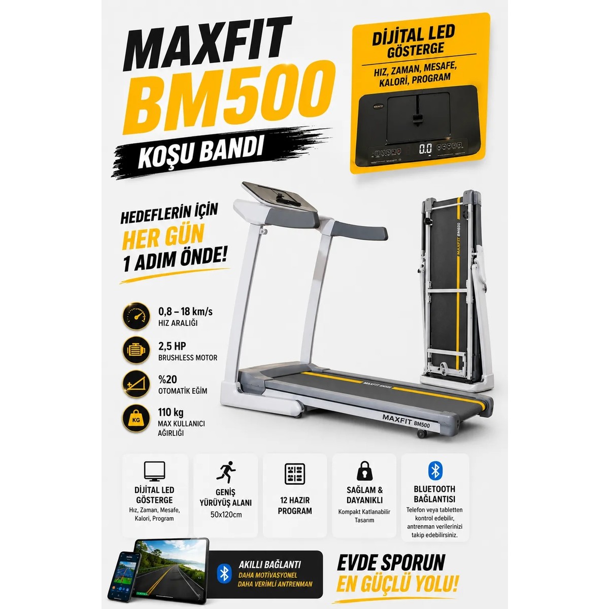 110001782347133.jpg Maxfit BM500 Otomatik Eğimli Koşu Bandı 2,5 Hp Brushless Motor Bluetooth Destekli 0,8-18 km/s Hız