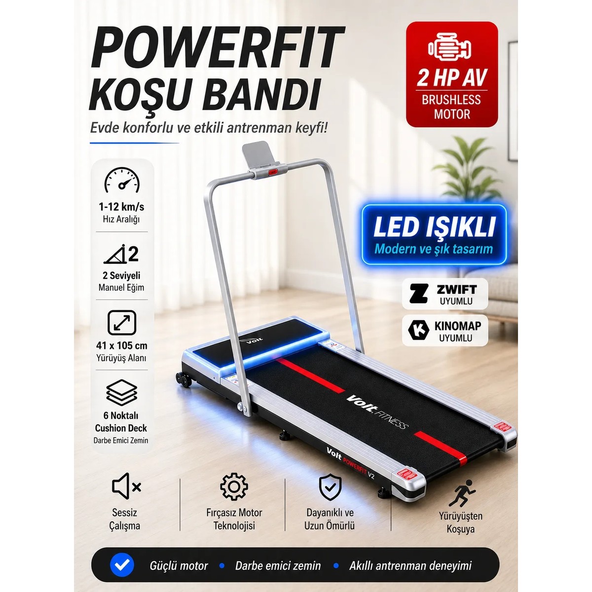 110001791221550.jpg Voit Powerfit Koşu Bandı Uzaktan Kumandalı Brushless Fırçasız Motor Manuel Eğimli Bluetooth'lu