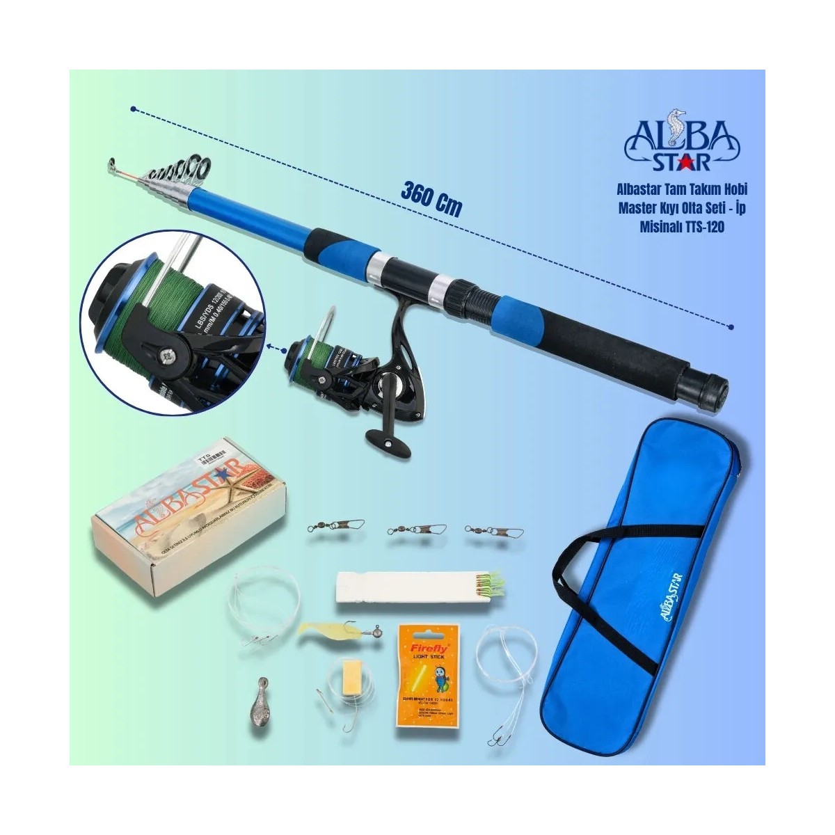 110001827379143.jpg Albastar Tam Takım Hobi Master Kıyı Olta Seti 360 CM - İp Misinalı TTS120 Yüksek Dayanıklılık – 360 CM - TTS120