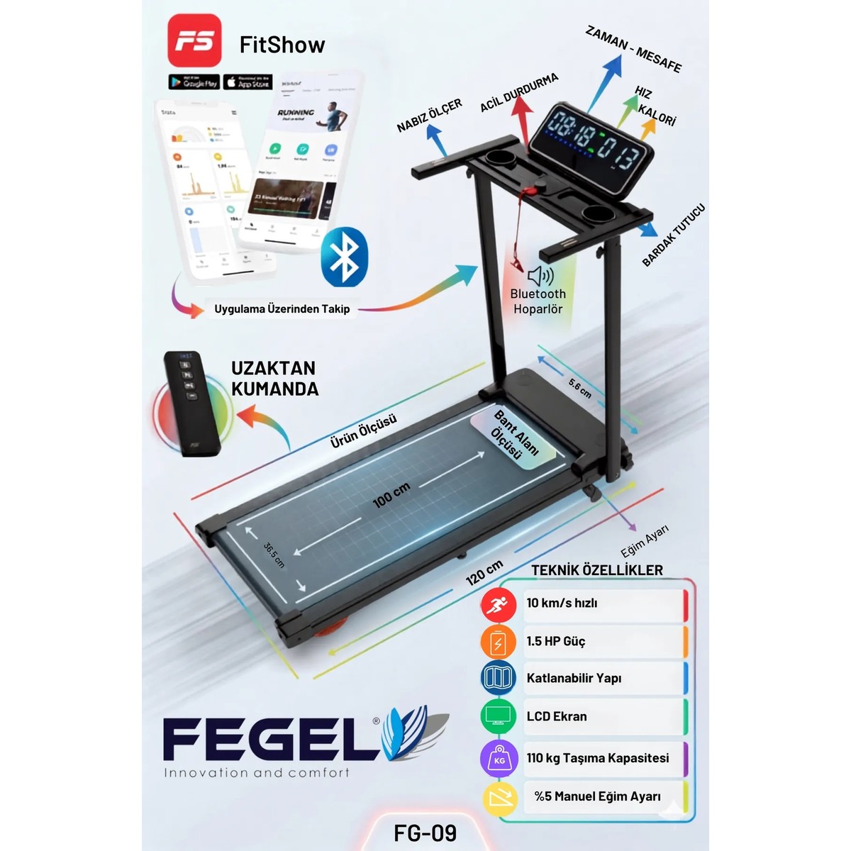 110001838427015.jpg Fegel FG-09 Koşu Bandı Bluetooth Hoparlör Uygulama Adımsayar Program Eğim Nabız Katlanabilir Uzaktan Kumanda 10km Hız Kompakt Tasarım